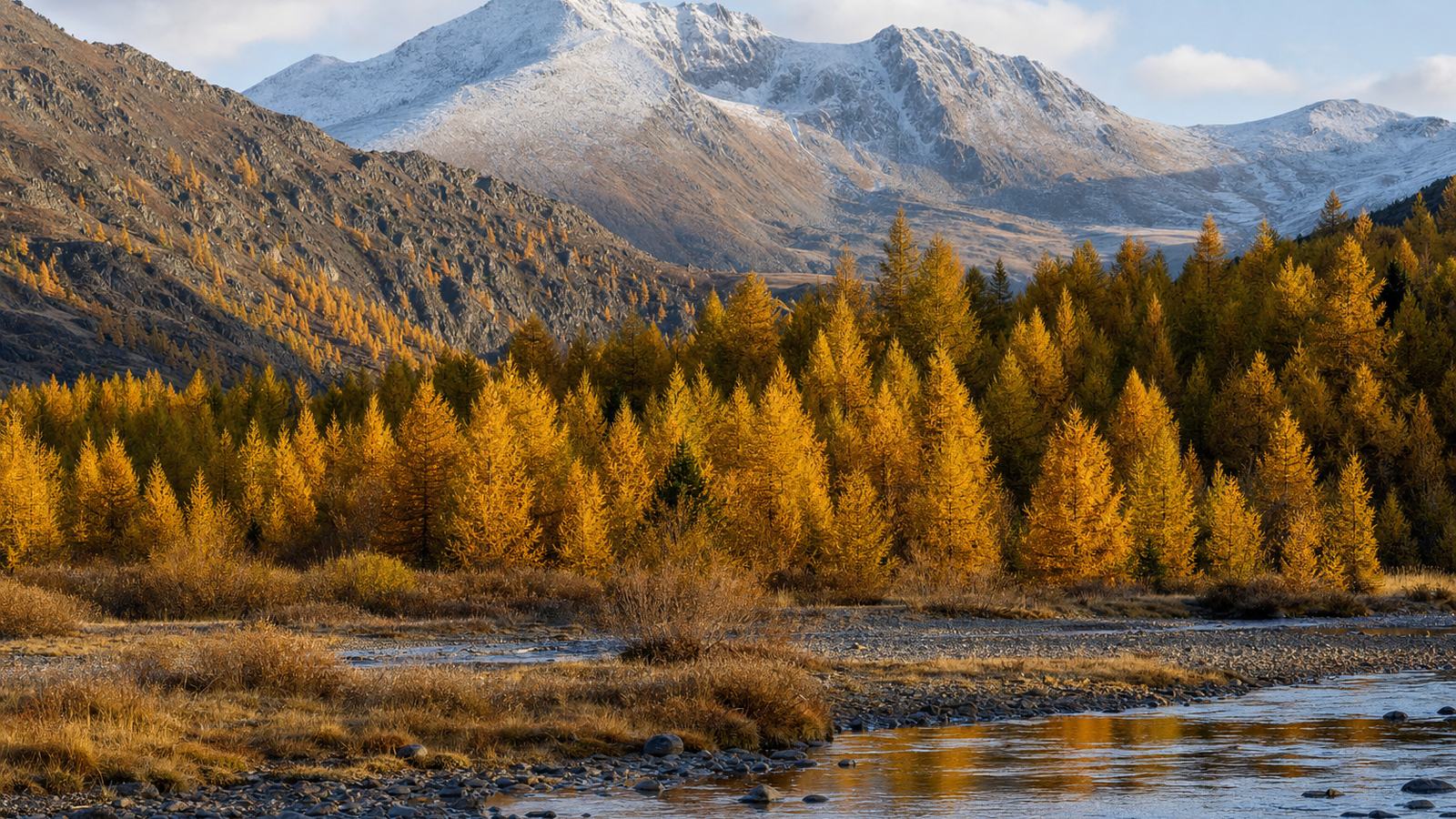 Autumn larches in gold along a river valley below a ridge dusted with the first snow