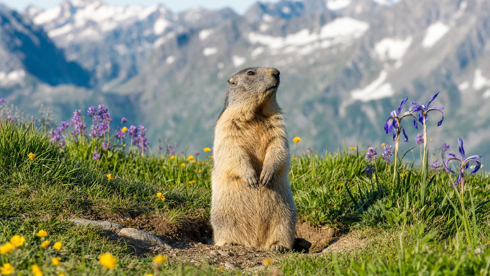 Marmotte dressée sur ses pattes arrière devant l'entrée de son terrier, au milieu d'une pelouse d'altitude fleurie