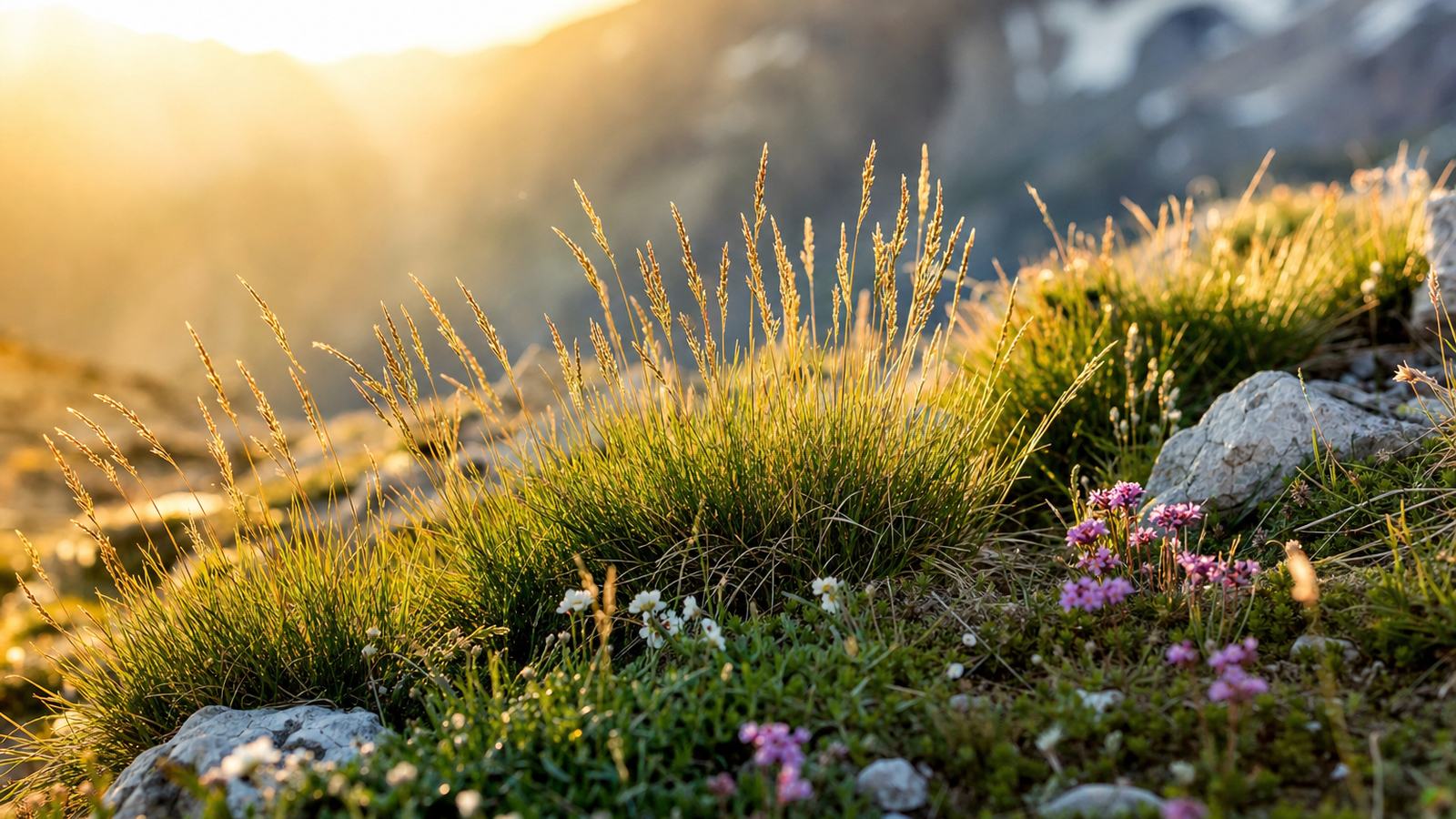 Une pente d'estive couverte de touffes de gispet vert pâle, avec des fleurs d'altitude et des crêtes rocheuses au fond