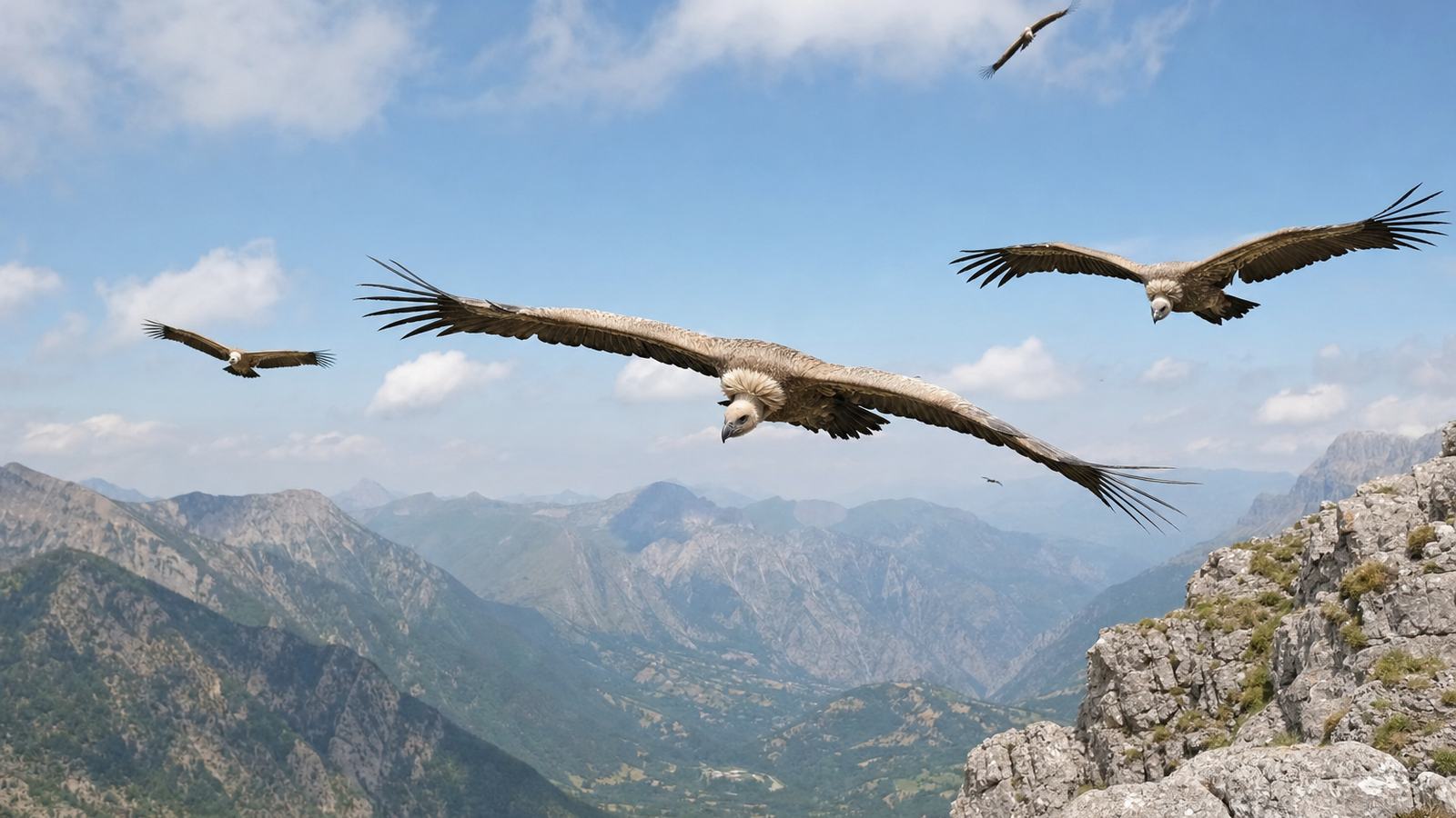 Un groupe de vautours fauves en vol plané devant une falaise, ailes larges, tête claire et collerette blanche