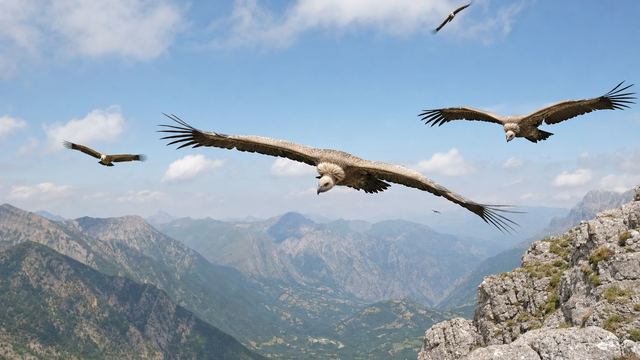 Un groupe de vautours fauves en vol plané devant une falaise, ailes larges, tête claire et collerette blanche