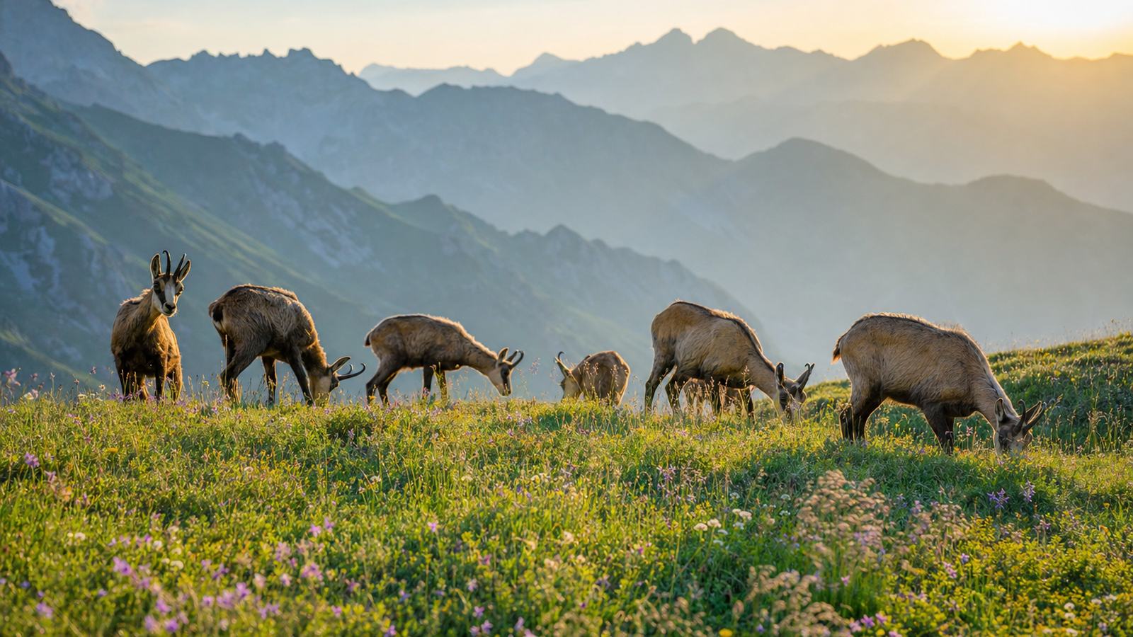 Griffon vultures gliding along a limestone cliff above a green valley in the French Pyrenees on a bright morning